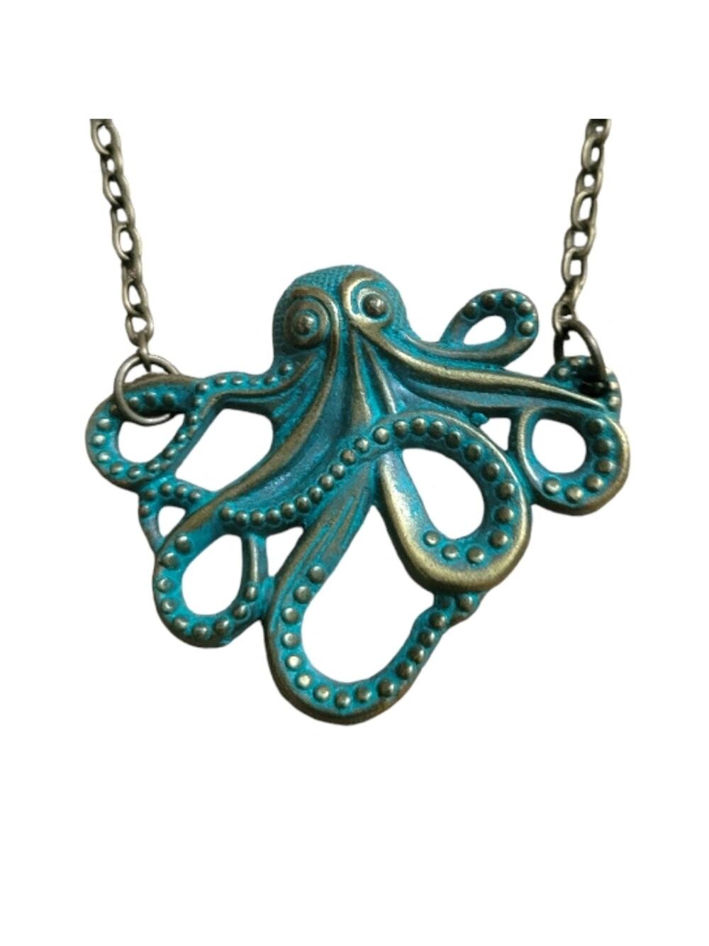 Distressed bronze steampunk octopus necklace, green verdigris patina